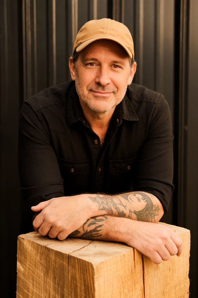 middle-aged man with stubble and tan cap, dark button-down shirt, forearm tattoos, resting arms on large raw wood block, dark corrugated metal background, soft warm lighting