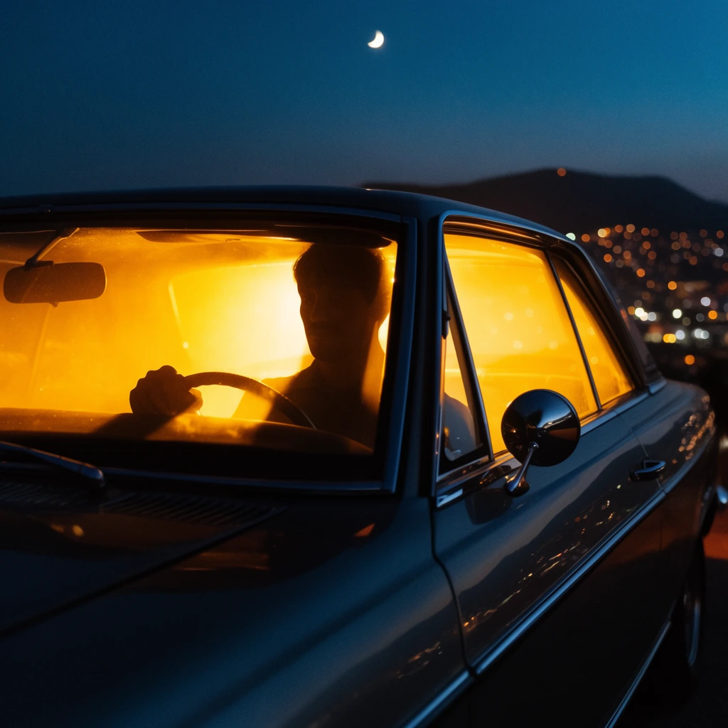 Dark classic car at twilight, intense glowing amber light filling the cabin, silhouetted driver holding a steering wheel behind the illuminated windshield, round chrome side mirror, sleek body panels reflecting dim light, deep blue night sky with a faint crescent moon, distant blurred bokeh of hillside city lights, cinematic photography, striking contrast between cool exterior and radiant golden interior