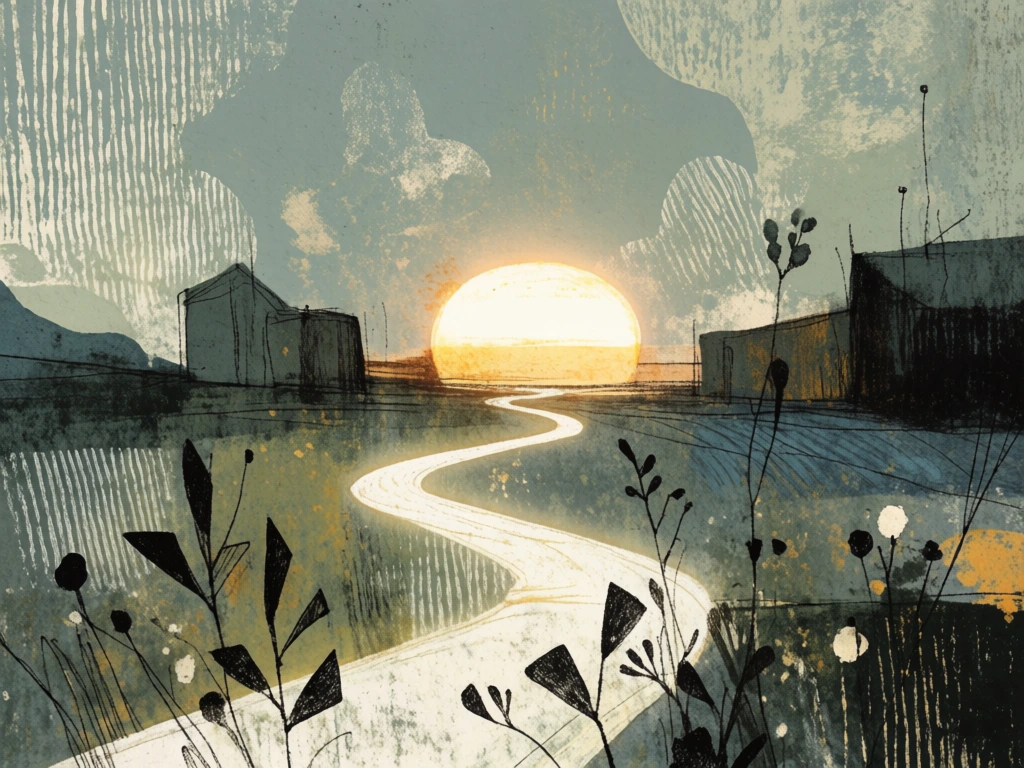 a winding path of luminous white light leading toward a glowing low-slung sun, flanked by gestural building silhouettes and spindly expressive plants, rendered in a muted desaturated palette of slate blue and sage green, featuring heavy vertical dry-brush hatch marks, sgraffito textures, a grainy paper overlay, high-contrast ink-wash shadows, ethereal backlighting, simplistic storybook linework, and a nostalgic melancholic mixed-media gouache aesthetic.