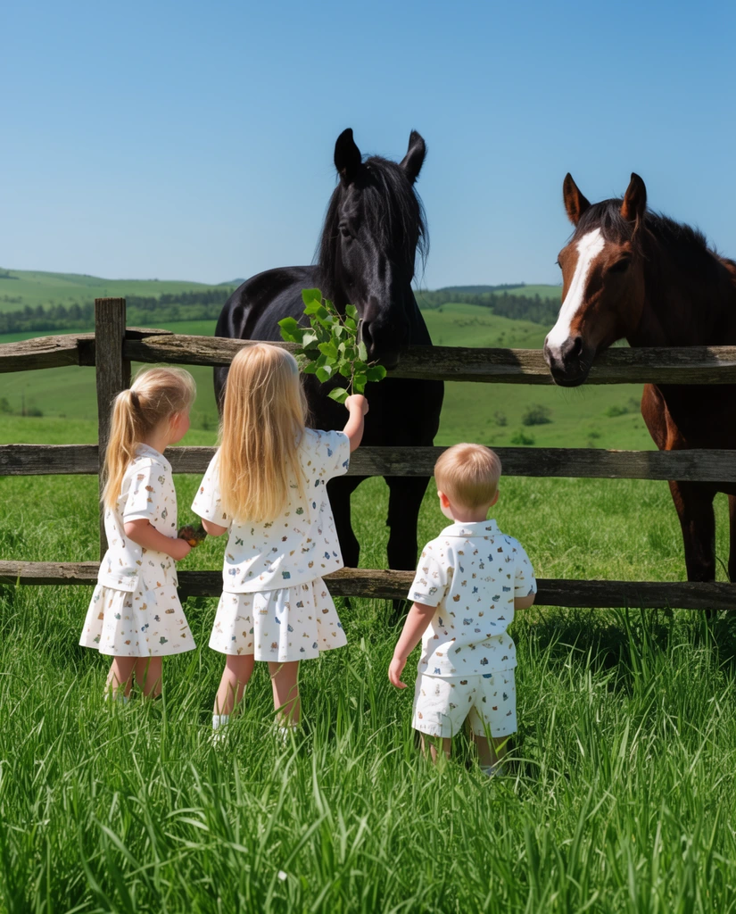 Three children feeding horses over a rustic wooden fence in a sunny field, young girls and a toddler boy standing in tall vibrant green grass wearing matching white patterned outfits, blonde girl lifting a leafy branch to a large black horse, brown horse with a white blaze standing nearby, rolling green hills, bright blue sky, clear daylight photography