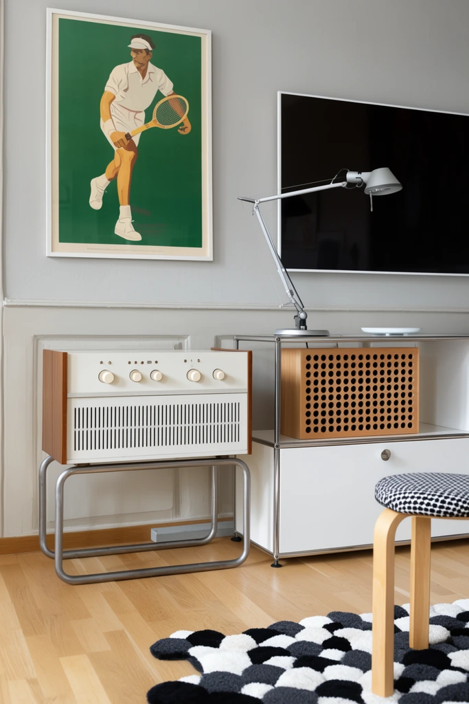A minimalist interior featuring a vintage white and wood stereo console with circular control knobs and a slatted speaker grill resting on a tubular metal stand. Adjacent sits a modular white steel-framed shelving unit holding a perforated wooden speaker and an articulated silver desk lamp. A large monitor and a framed green poster illustrating a tennis player hang on the light grey paneled wall. A wooden stool with a black-and-white patterned cushion and an asymmetrical black-and-white tufted rug rest on the light hardwood floor under bright natural lighting.