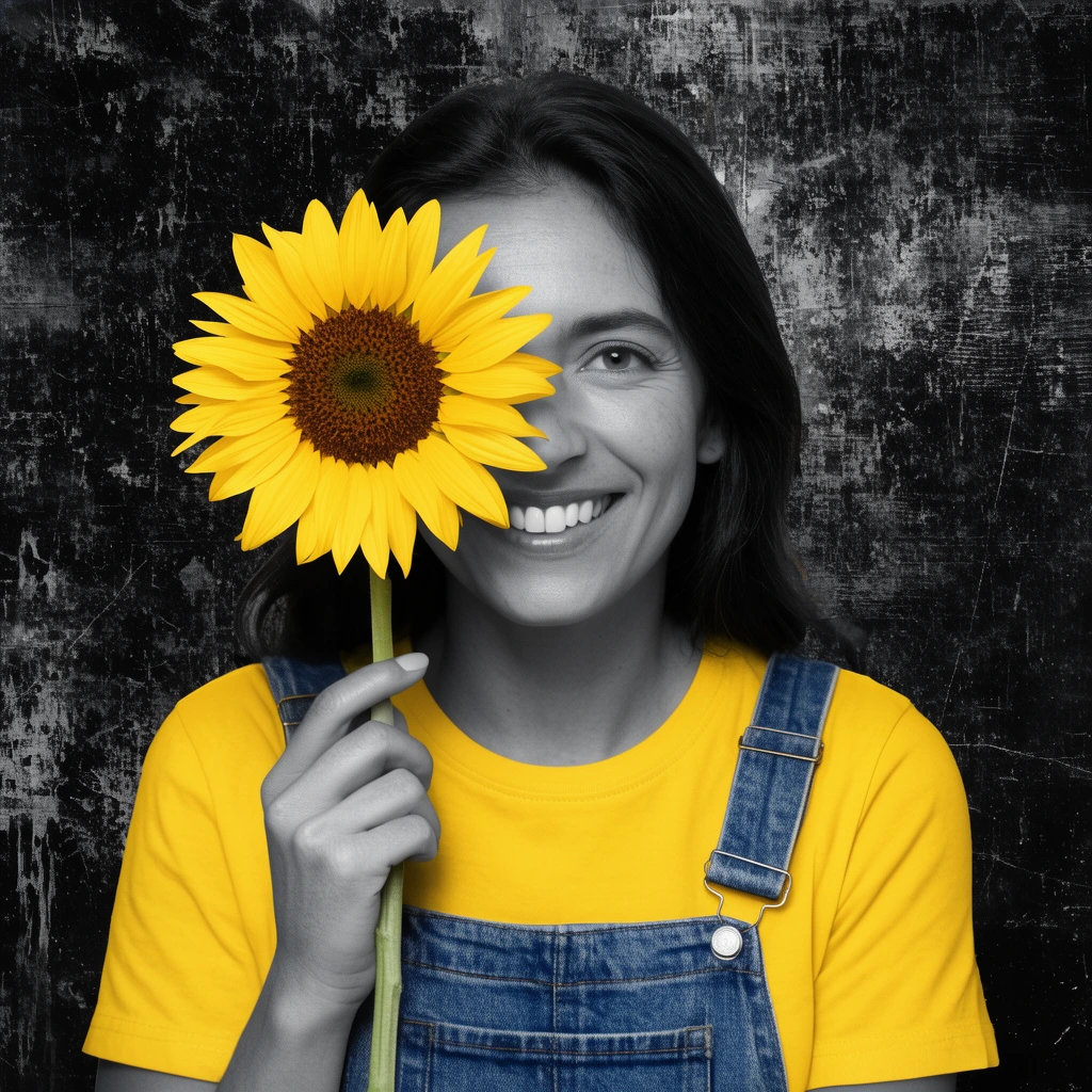 Smiling woman holding large yellow sunflower over right eye, yellow t-shirt, denim overalls, selective color photography, grayscale skin, dark distressed grunge background