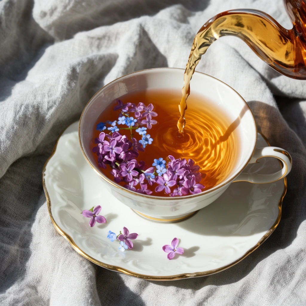 A stream of clear amber liquid pours from a glass spout into a white, gold-rimmed teacup filled with floating purple lilacs and tiny blue flowers. The vintage teacup and matching scalloped saucer rest on a rumpled light grey linen cloth, with a few stray blossoms scattered on the porcelain. Strong, direct sunlight from the upper right illuminates the translucent tea, creating crisp circular ripples and casting sharp shadows across the textured fabric folds. Captured from a close-up, high-angle perspective, this still life highlights the dynamic pour and vibrant botanical accents against the warm glowing liquid and neutral draped fabric.