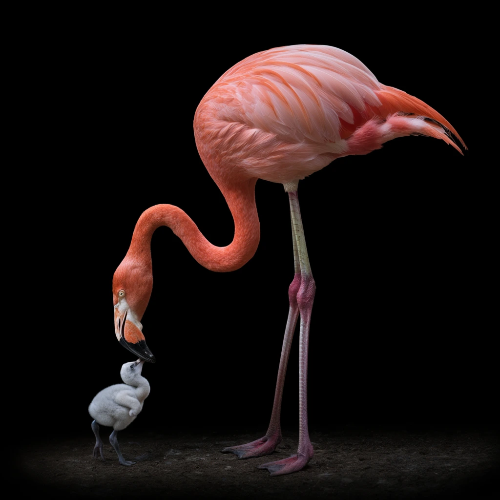 adult pink flamingo curving its long neck to feed a small fluffy grey chick, beaks touching, vivid pink plumage, solid black background, dramatic studio lighting, sharp wildlife photography, full body profile