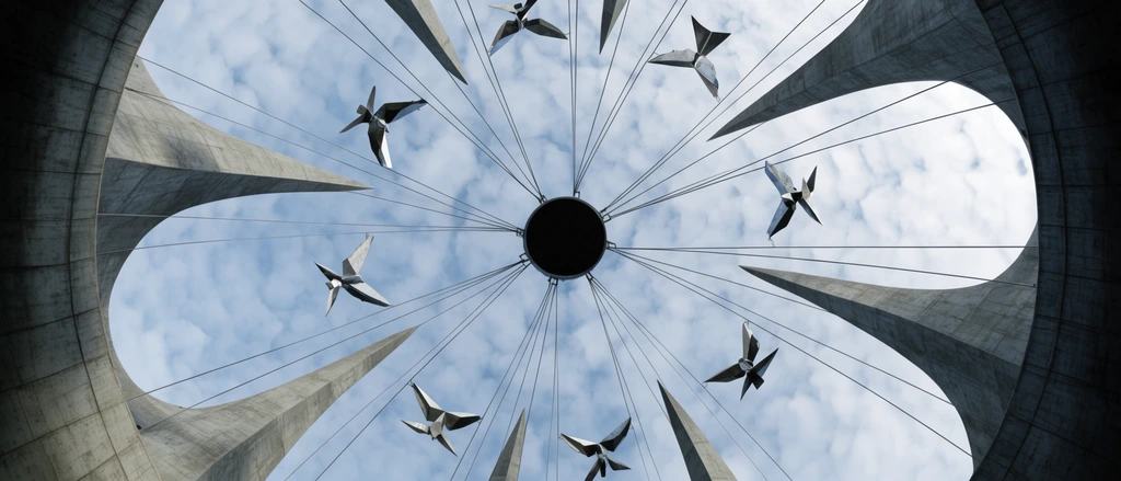 nadir view of a circular concrete structure, massive curved gray spires pointing inward, tension cables radiating from a central dark hub, angular metallic bird-like sculptures suspended on wires, symmetrical radial composition, fisheye perspective framing a cloudy blue sky