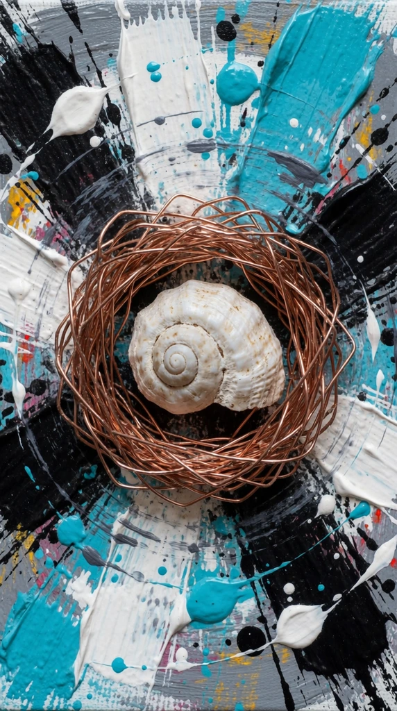 A textured off-white spiral shell rests inside a nest of tangled copper wire at the center of an abstract mixed-media canvas. Thick impasto strokes and splatters of black, white, and vibrant turquoise paint form a chaotic radial pattern swirling around the three-dimensional focal point. The top-down perspective highlights the striking tactile contrasts between the metallic wire, organic shell, and energetic acrylic background.