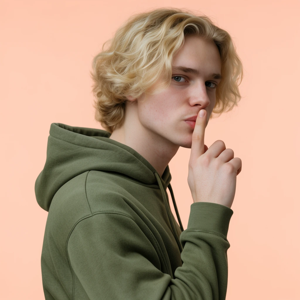 young man with wavy blonde hair making a silencing gesture, index finger on lips, looking toward viewer, wearing an olive green hoodie, solid pastel peach background, studio portrait photography, side profile body with three-quarter face, soft even lighting, sharp focus, minimalist aesthetic