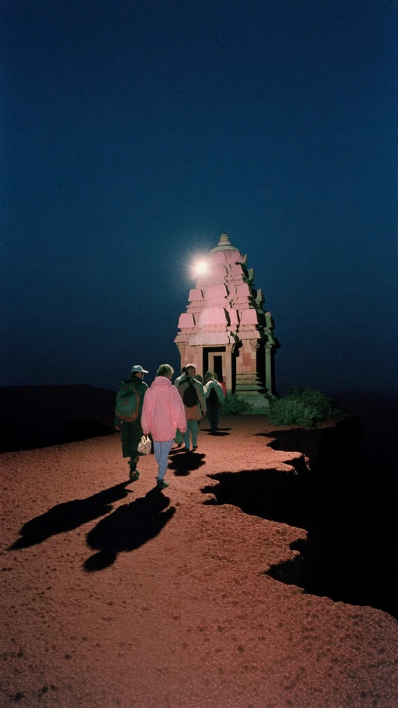 travelers walking along a narrow dirt path near a stone temple on a jagged rocky ledge, harsh direct point-source flash lighting, deep saturated midnight blue sky background, reddish-brown grainy ground texture, sharp black shadows cast toward the viewer, high-contrast minimalist surrealism, heavy film grain, raw 35mm photographic aesthetic, saturated colors, low horizon line, cinematic and liminal atmosphere.