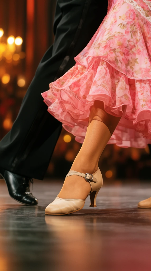 low angle close-up of dancers feet on a smooth dark stage, central focus on a beige buckled dance shoe and cascading pink ruffled floral dress, adjacent left leg mid-step in tailored black trousers and black leather heeled shoe, shallow depth of field, cinematic warm theatrical background lighting