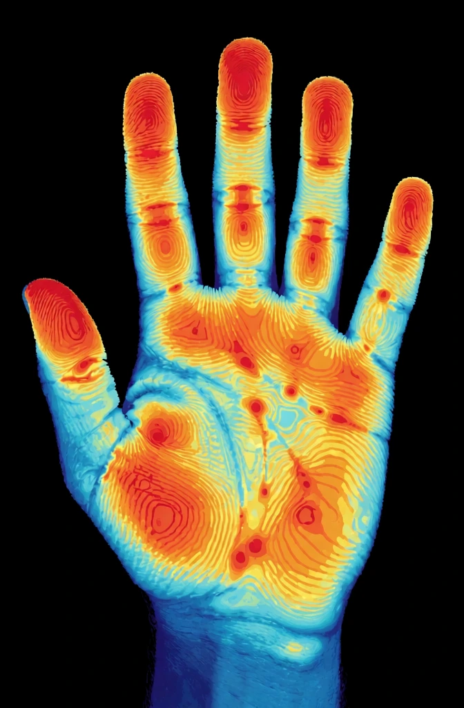 A stylized heat map of a human hand reveals intricate topographic patterns against a stark black background. A left human hand is positioned centrally with the palm facing forward and all five fingers spread apart, oriented vertically. The entire surface of the hand is defined by dense, swirling concentric lines resembling magnified fingerprint ridges or geographical contour lines. These lines follow the hand's anatomy, utilizing a vibrant thermal color palette where bright red, orange, and yellow signify areas of high intensity, while cyan and deep blue represent lower intensity. The warmest zones are concentrated at the tips of the fingers, the centers of the finger segments, and the large fleshy areas of the palm, including the base of the thumb and the outer edge of the hand. Small, concentrated red circles mark the joints and several specific points in the center of the palm. Conversely, the cooler blue and cyan shades are found along the deep creases of the palm, the webbing between the fingers, and the outermost edges of the hand's silhouette. The lighting appears internal, as if the hand itself is the light source, glowing against the uniform, pitch-black backdrop. The composition is symmetrical and centered, captured from a direct frontal perspective, blending digital illustration with a scientific infrared aesthetic.