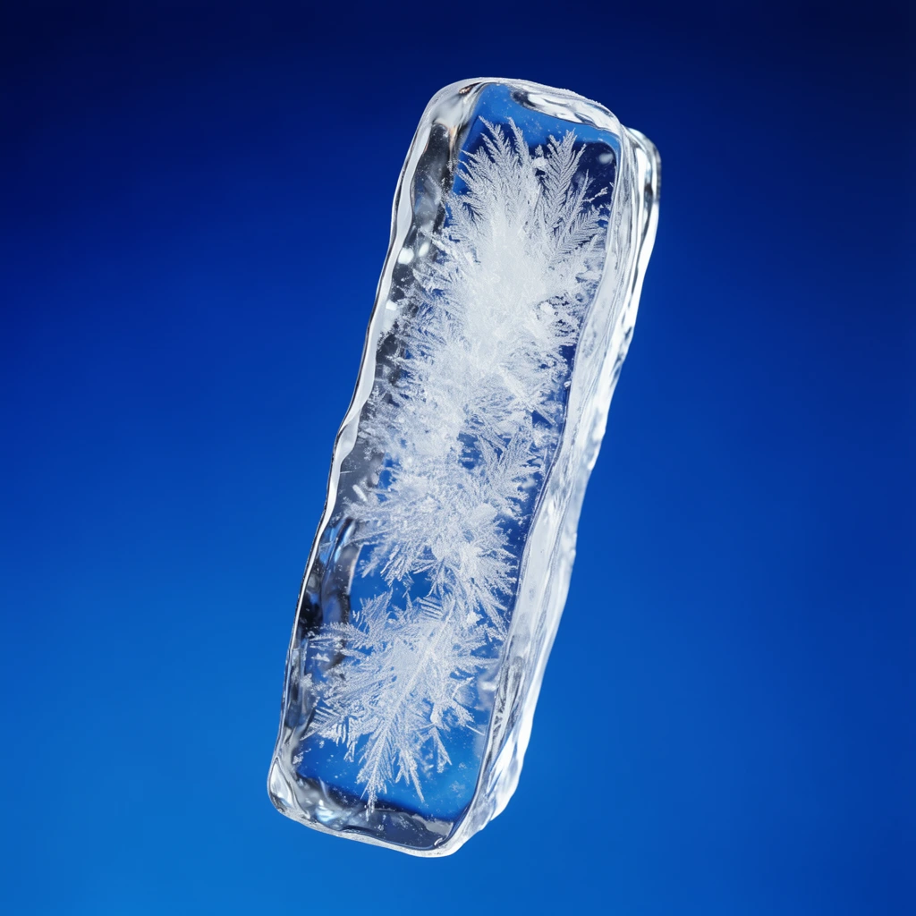 A vertical, slightly tilted column of transparent ice floats centrally against a smooth, vibrant cobalt blue gradient background. The elongated ice block features uneven, glossy edges catching sharp specular highlights. Deep within the clear structure, complex, feathery white frost crystals and fractal freezing patterns add dense internal texture and visual depth. The isolated subject is illuminated by crisp studio lighting, contrasting with the minimalist blue backdrop to highlight the high-definition refractive qualities and intricate internal crystalline details of the frozen form.