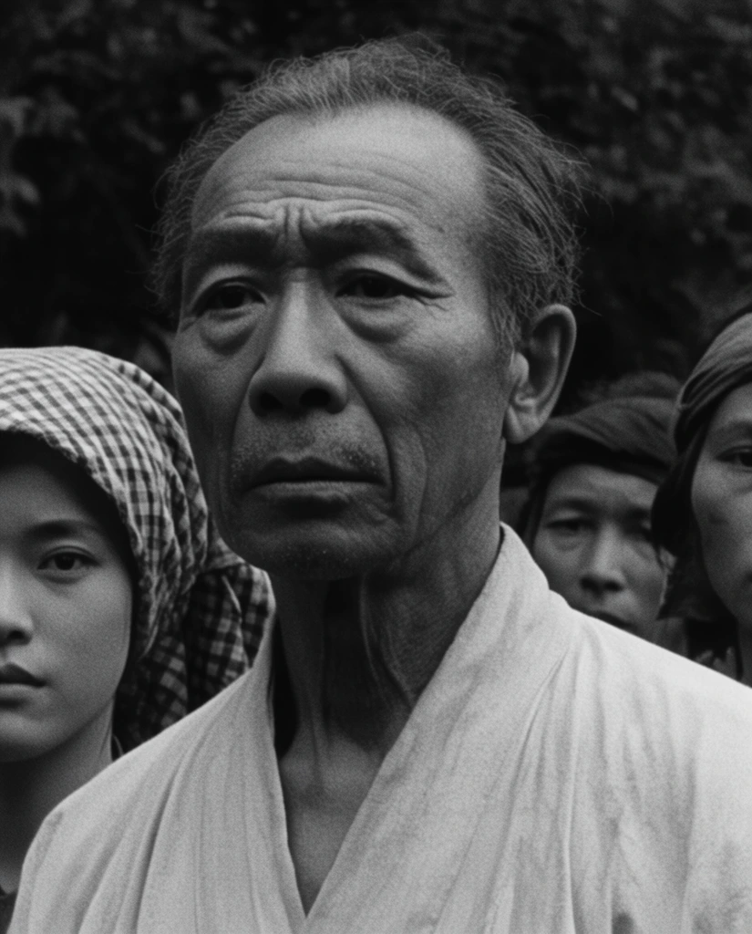 close-up black and white film still, elderly Asian man with deep facial wrinkles and a solemn expression, light-colored loose traditional garment, young woman wearing a checkered headscarf on the left, partially obscured faces of villagers on the right, dark out-of-focus foliage background, prominent film grain, cinematic lighting