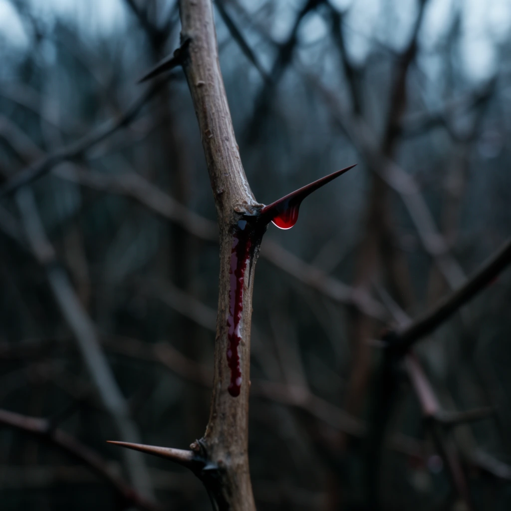 macro photography of a deep red droplet hanging from a sharp thorn, thin bare brown branch in sharp focus, dark crimson trail trickling down the bark, extremely shallow depth of field, heavily blurred background of tangled winter branches, dark muted woodland environment, cold moody atmosphere, cinematic lighting