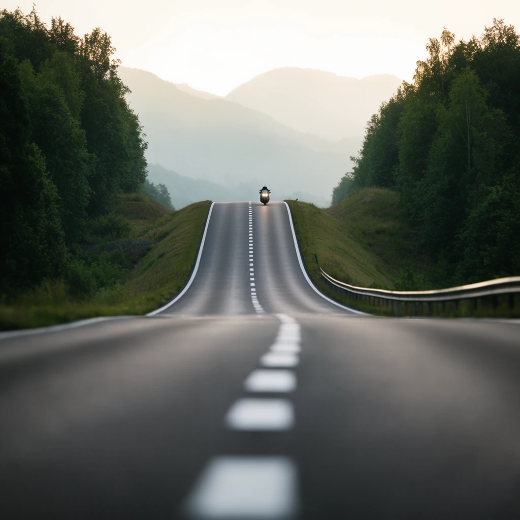 An undulating asphalt highway stretches toward hazy mountains, its dramatic dips compressed by a telephoto lens. The foreground road surface and dashed white lines are heavily blurred by a shallow depth of field. Far down the route, a lone motorcycle with a glowing headlight crests a distant hill. Dense green forests and grassy embankments flank the roadway, bordered by a curved metal guardrail on the right. Soft, pale mist shrouds the distant peaks beneath a bright, diffused sky.