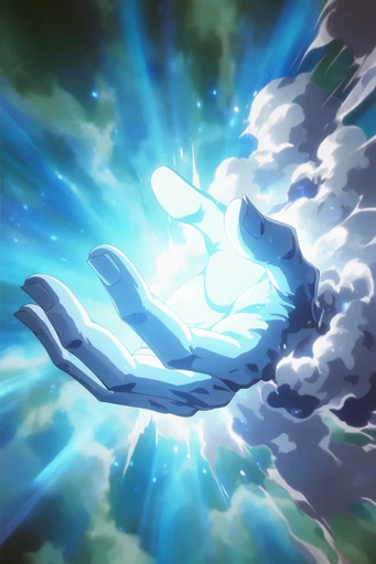 Celestial Kinetic Anime style reference image — vibrant cyan and deep blue palette