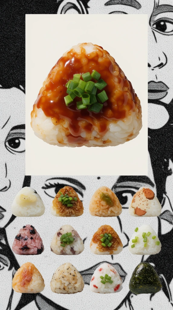 large triangular rice ball with brown glaze and scallions on an off-white rectangle, twelve small diverse rice balls below, grainy black-and-white halftone comic face background, modern graphic layout