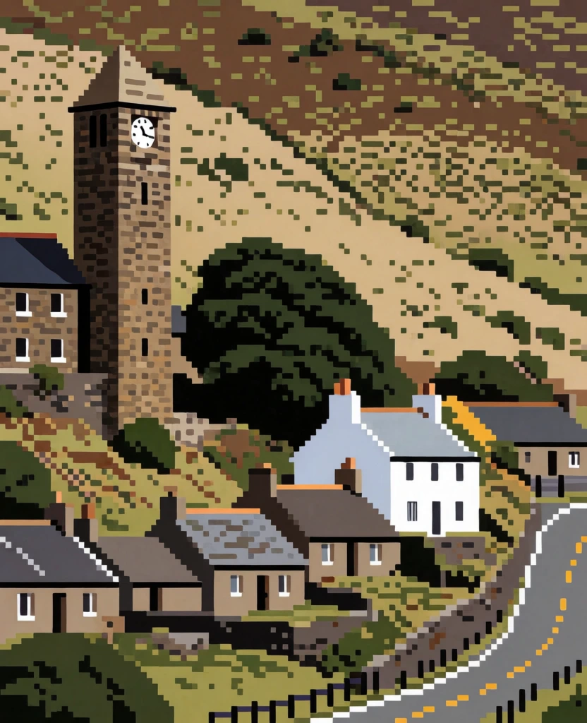 A small hillside village featuring a prominent stone clock tower and a winding road is depicted in a pixelated art style with a visible grid texture. On the left, a tall, brown stone clock tower rises from the slope, capped with a pyramidal roof and housing a small white clock face near its peak. Adjacent to the tower is a dark-roofed building with several small windows. Further down the hillside, a bright white house stands out among several low-profile, brownish-grey cottages tucked into the terrain. A large, dense, dark green tree is positioned between the clock tower and the white house. The foreground and midground consist of a rolling hillside rendered in a mosaic of tan, olive, and brown pixels, representing dry grass or shrubbery. To the right, a grey paved road with yellow dashed markings curves along the base of the hill, bordered by a dark, post-and-rail fence. In the background, dark, blocky silhouettes of distant hills or mountains stretch across the horizon under a pale, overcast sky streaked with thin, horizontal grey clouds. The entire scene is rendered with a distinct blocky, digital aesthetic on a textured background that mimics the appearance of a canvas or needlepoint fabric. The color palette is muted and earthy, dominated by shades of green, brown, and grey, with the white of the central building providing the sharpest point of contrast. The perspective is a wide, eye-level view that captures the expansive landscape and the elevation of the village elements.