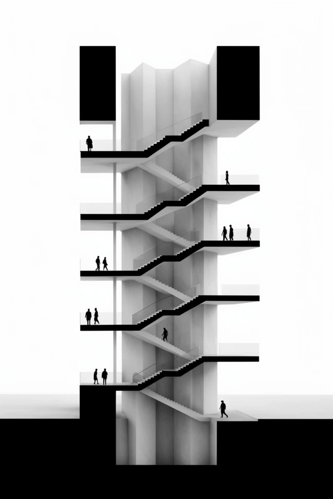 Minimalist black and white architectural section drawing of a towering structure with a central core and intricate zig-zagging cantilevered stairs. Tiny black silhouette figures navigate the suspended platforms. Solid black structural cutaways and a heavy ground plane contrast against soft grayscale interior shadows and a pure white background.