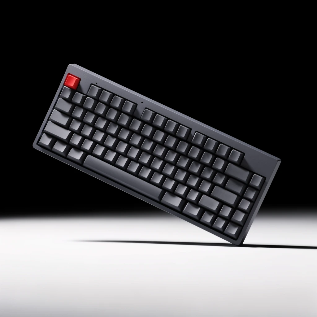 A dark grey mechanical keyboard floats diagonally against a pitch-black void over a bright white surface. The minimalist rectangular chassis contains matte charcoal keycaps, accented by one vibrant red key in the upper-left corner. High-contrast product photography captures crisp geometric lines, smooth textures, and dramatic studio lighting casting an elongated shadow on the stark lower plane.