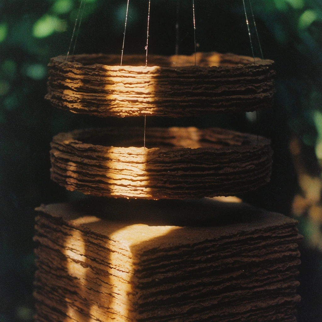 Two horizontally layered rings suspended by taut wires hover above a rectangular block, all sharing a heavily textured aesthetic of rough, horizontally stacked laminae. The rings and the block are formed from uneven, corrugated tiers of earthy brown material, presenting a deeply ridged surface. Thin suspension wires descend from above, catching faint glints of illumination. A sharp, narrow beam of dappled, warm golden light cuts vertically across the left edge of the suspended rings and the top corner of the block, brightly highlighting the rough edges of the stacked layers while plunging the right sides into profound, crushed black shadows. The high-contrast chiaroscuro composition is set against a deeply shadowed background characterized by defocused deep green tones and soft, organic bokeh. The visual treatment is analog 35mm film photography, featuring pronounced film grain, a slightly soft vintage lens focus, rich earthy color grading, and a dramatic, light-sculpted atmosphere.