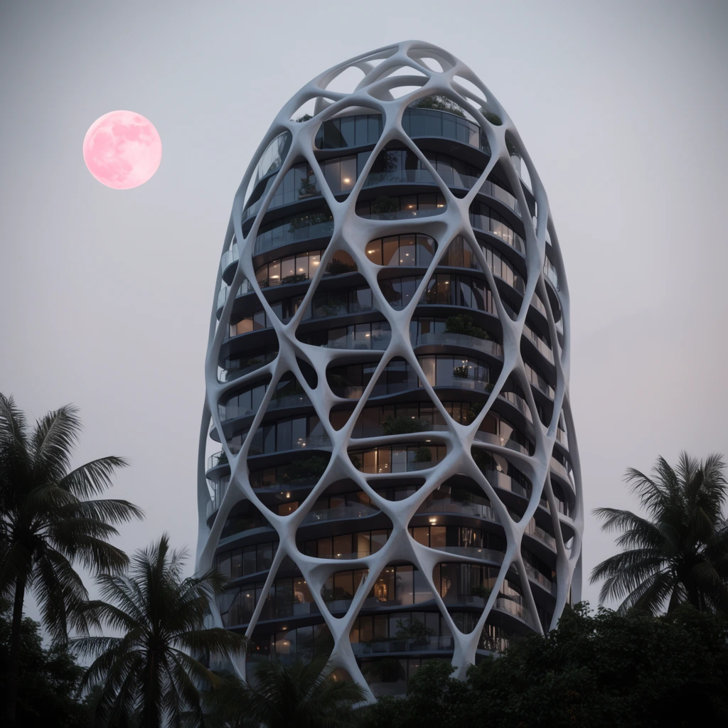 futuristic skyscraper with a white organic biomorphic exoskeleton, curved skeletal lattice facade framing dark glass, warm interior lights glowing on balconies with potted greenery, silhouetted tropical palm trees and dense foliage in the lower foreground, pale muted grey twilight sky, prominent surreal pale pink full moon in the upper left, photorealistic architectural exterior photography, soft diffused lighting, low angle perspective