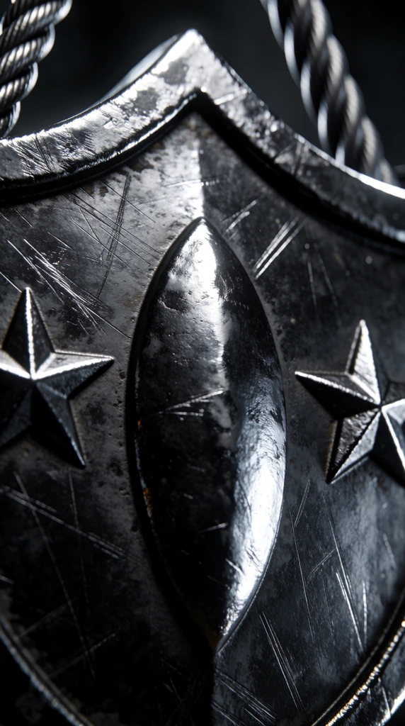 A macro photograph of a heavily distressed, dark metallic shield crest featuring a raised, pointed central oval flanked by embossed five-pointed stars. The scratched dark grey surface is illuminated by harsh, cool directional lighting that highlights chaotic scuffs across the metal. The scalloped top edge connects to thick, blurred steel cables against a dark background. Shot with a shallow depth of field, dramatic rim lighting emphasizes the intricate textures of this photorealistic rendering.