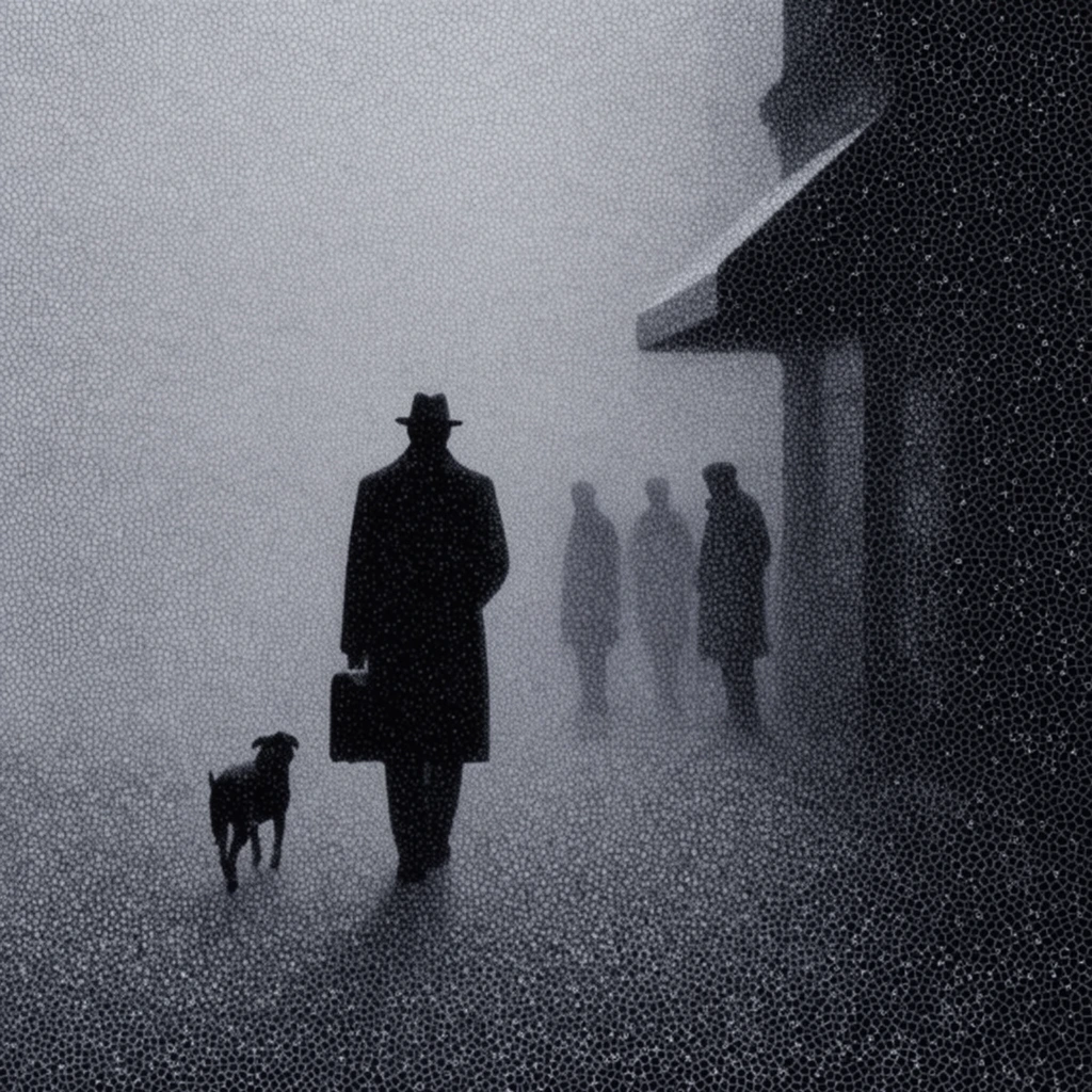 A monochrome atmospheric street scene rendered entirely with a dense stippled texture of tiny white polygonal cells over a deep black background. Sharp dark silhouettes contrast against a pale, foggy void. A central figure in a fedora and overcoat walks away carrying a briefcase, accompanied by a small dog. Three shadowy figures stand further back in the mist near a building with an overhanging awning on the right. The uniform cellular texture softens all edges, seamlessly blending light and shadow.