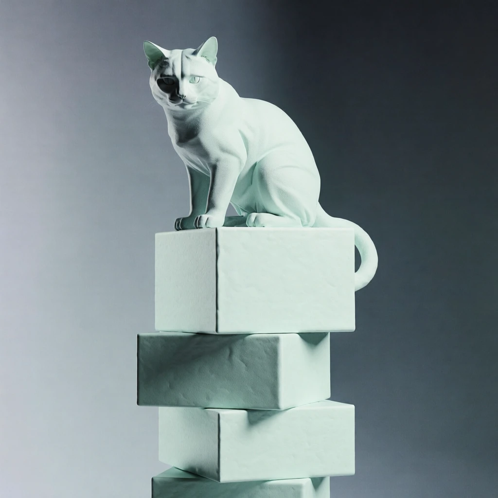 stylized minimalist cat figurine with a matte technical finish perched atop a vertical stack of four precisely aligned cubes, set against a soft vertical gradient background from pale mint to charcoal grey, illuminated by diffuse high-key studio lighting with subtle rim highlights, clinical high-fashion editorial aesthetic, monochromatic seafoam green color story, sharp architectural edges, soft depth of field, premium quiet luxury atmosphere