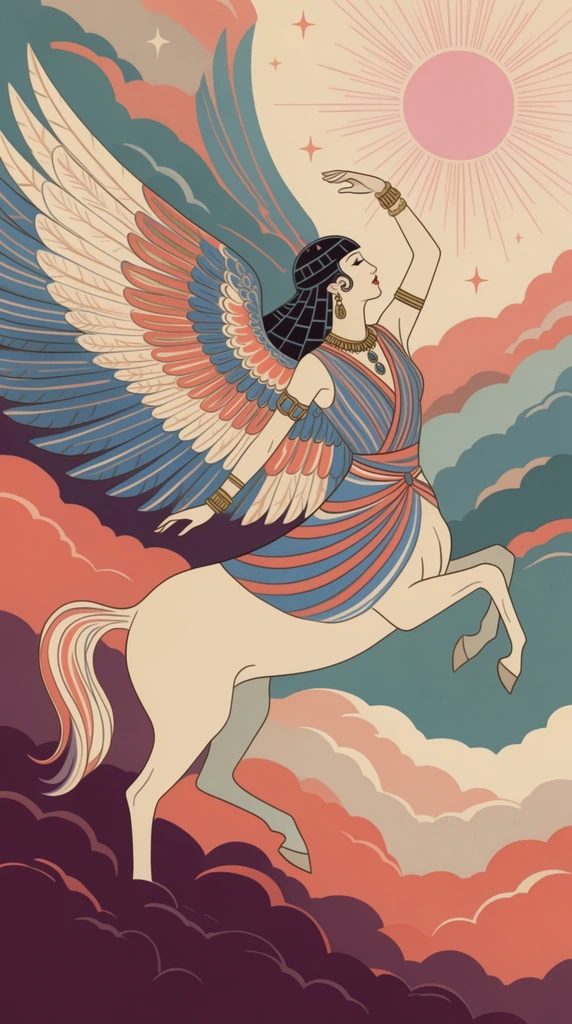 An Art Deco illustration of a winged female centaur soaring through layered, stylized clouds. Her pale equine lower body transitions to a human torso adorned in a blue and coral striped bodice, waist wrap, and gold jewelry. Expansive wings with intricate cream, blue, and coral feathers extend behind her as she gracefully raises one arm above her dark, geometric hair. The background features sweeping, undulating cloud bands of deep plum, coral, cream, and teal. A radiating pink sun shines in the upper right amidst scattered four-point stars, all rendered with flat, muted vintage colors and clean, elegant linework.