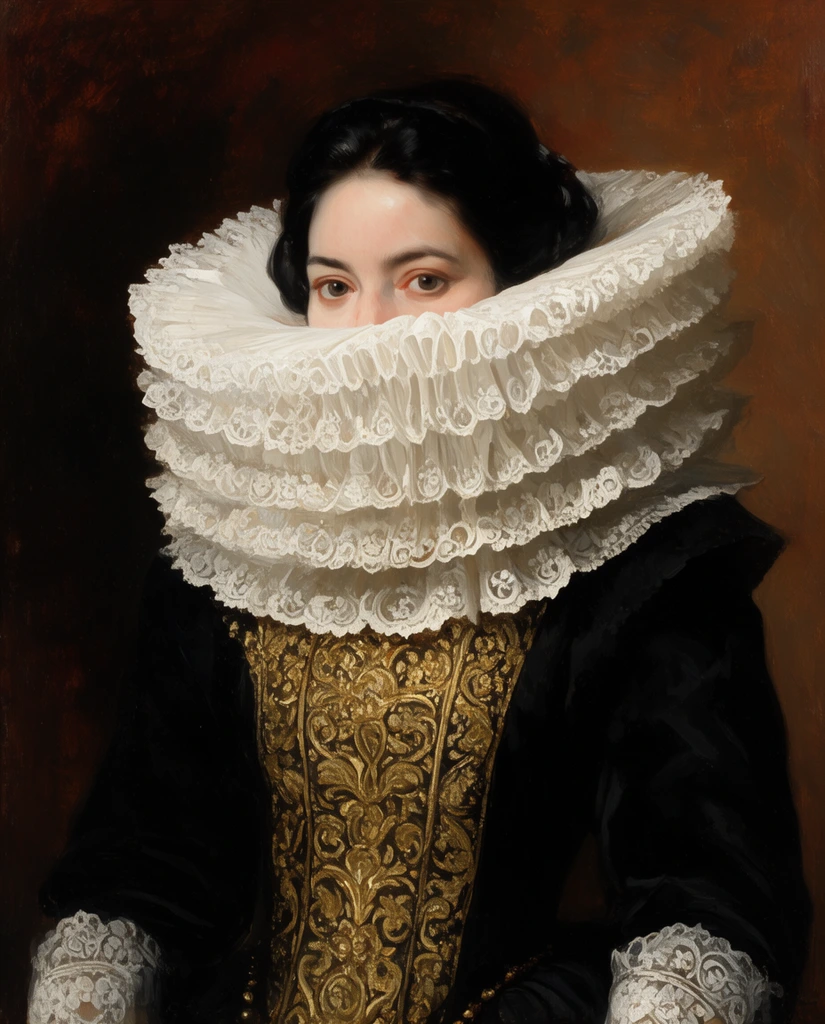 A classical-style oil painting portrait of a woman dominated by an enormously oversized, multi-tiered white lace ruff collar that conceals the lower half of her face. Only her dark hair and eyes peer over the intricately pleated lace. She wears a black gown featuring a heavily embroidered gold central panel and lace cuffs. Dramatic chiaroscuro lighting illuminates the rich textures against a dark, mottled umber background.