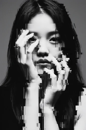 Monochrome Glitch Brutalism style reference image — stark minimalist studio portraiture