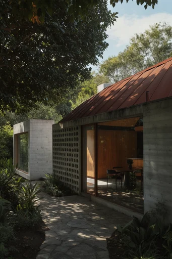 Biophilic Organic Brutalism style reference image — dappled natural light