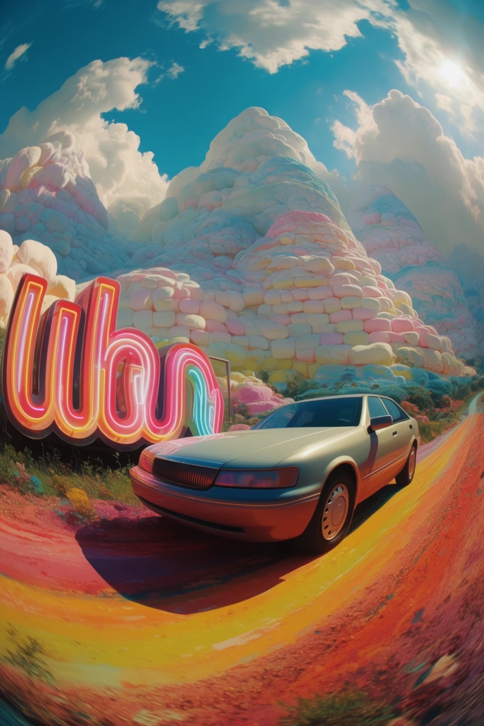 A surreal, extreme wide-angle landscape features a smooth car on a warped dirt road beside a glowing neon sign, backed by towering, puffy mountains. The central car sits on a dramatically curved, heavily saturated path. To the left, a thick neon sign exhibits a glossy, plastic-like sheen. Massive, tiered mountains resembling stacked marshmallows rise in the background under a bright cyan sky filled with dense, volumetric clouds. The image utilizes a low-angle fisheye perspective with severe lens distortion. Harsh direct sunlight drives a vibrant, retro-technicolor color palette, creating a high-contrast, sculptural dreamcore aesthetic.
