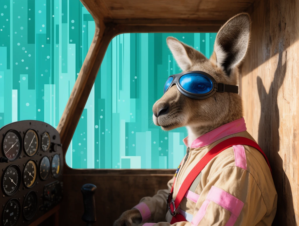 An anthropomorphic kangaroo in a tan flight suit with pink trim, red harness straps, and blue-tinted goggles sits inside a wooden cockpit. An instrument panel with analog dials occupies the left. Sunlight casts sharp shadows on the right wall. The windshield reveals a flat, stylized graphic background of turquoise geometric vertical lines and scattered dots. The piece heavily contrasts a photorealistic subject with a 2D abstract exterior.