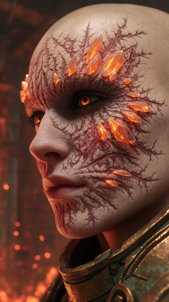 extreme close-up profile portrait of a bald humanoid, intricate fractal scarification covering the face, glowing orange crystal shards protruding from the scars, sharp shadows cast across textured pale skin, intense amber eyes, oxidized bronze armored collar, warm fiery illumination, deep crimson shadows, blurred industrial forge background, glowing embers, high-resolution macro photography, shallow depth of field