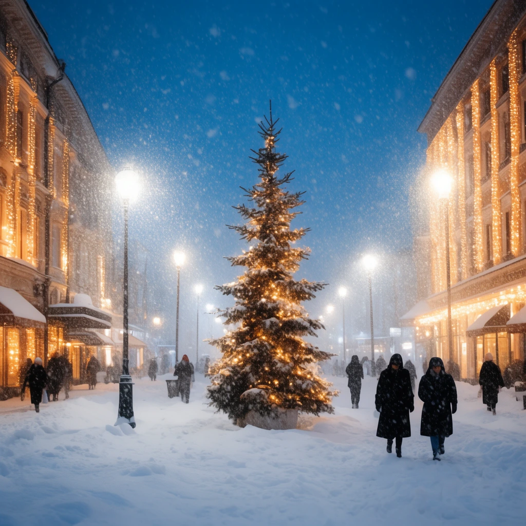 A snow-covered city avenue during a twilight blizzard, centered on a tall pine tree glowing with warm lights. Flanking buildings radiate golden light from windows and cascading facade fixtures. Streetlamps cast bright halos through thick falling snowflakes against a deep blue sky. Pedestrians in dark winter coats traverse the thick pristine white snow.
