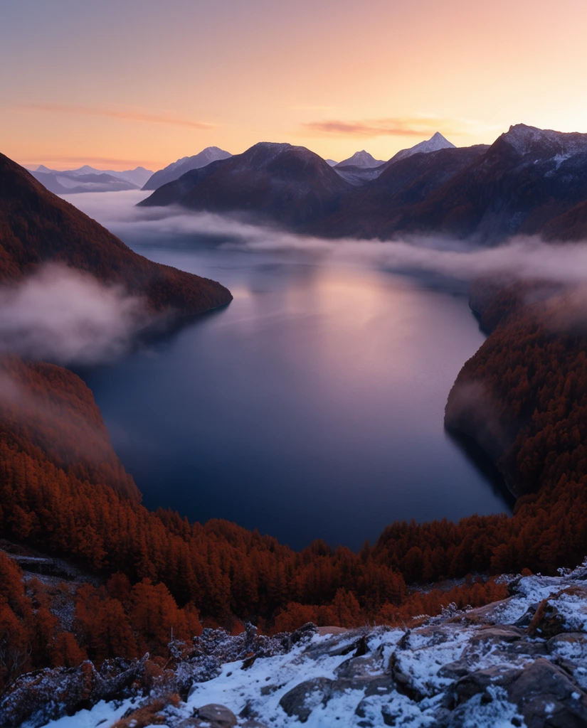 A wide crescent-shaped bay surrounded by steep autumnal rust-orange forested mountains under a glowing twilight sky. The view originates from a high snow-dusted rocky ledge in the foreground. Thick bands of atmospheric fog drift low across the dark indigo water reflecting the fading light. Distant jagged peaks fade into the hazy background.