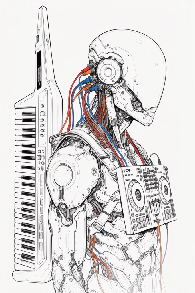 A detailed line art illustration of a cyberpunk cyborg in profile against a white background. The figure features a smooth domed helmet with multicolored cables plugging into its neck alongside a complex mechanical torso. A keytar synthesizer is strapped vertically to its back, and a compact DJ mixing console is mounted to its chest armor. The artwork relies on precise black contours with sparse red, blue, and orange accents highlighting the electrical wiring and technical components.