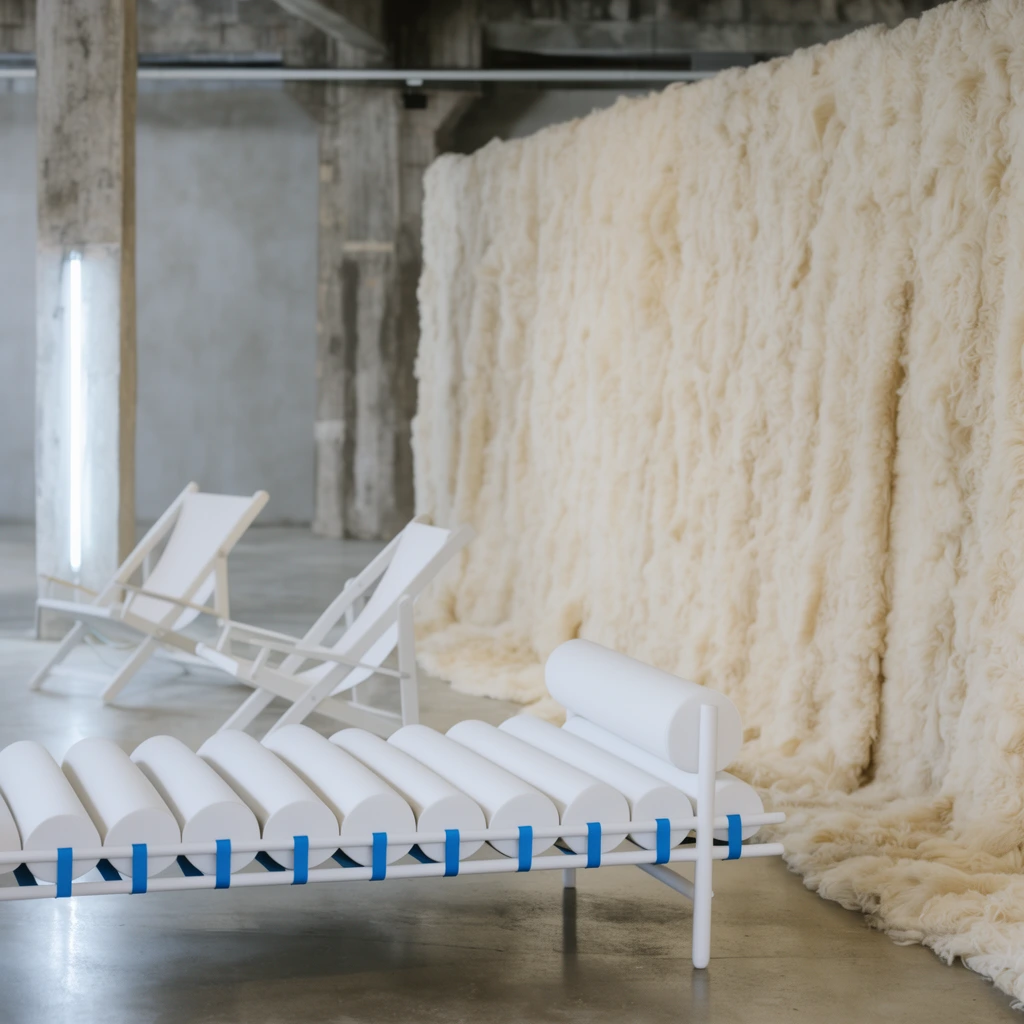 white daybed of cylindrical cushions with bright blue straps, white wooden lounge chairs, massive partition wall draped in thick cream raw wool fleece spilling onto a polished concrete floor, glowing white neon tube light, raw industrial gallery space with concrete pillars, soft diffused daylight, shallow depth of field