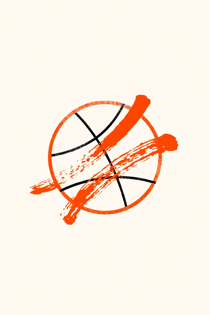 A minimalist graphic centered on a warm off-white background. A central circle features a distressed orange border containing thin intersecting black curved lines resembling sports ball seams. Two thick dynamic orange brushstrokes with rough painterly textures intersect abstractly over the center. The overall aesthetic is gritty and resembles a screen-printed athletic motif.