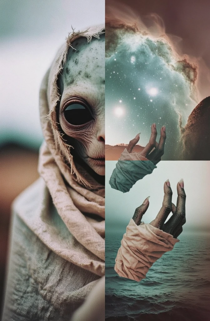 surreal vertical split-screen diptych, grainy analog film aesthetic, left side shows a close-up of a humanoid creature wrapped in weathered linen, right side merges into a celestial nebula top and dark sea bottom, detached cloth-wrapped hands floating in the landscape segments, muted palette of bone whites and dusty teals, heavy film grain, double exposure effect, vintage collage style, sharp fabric textures contrasting with ethereal atmospheric backgrounds.