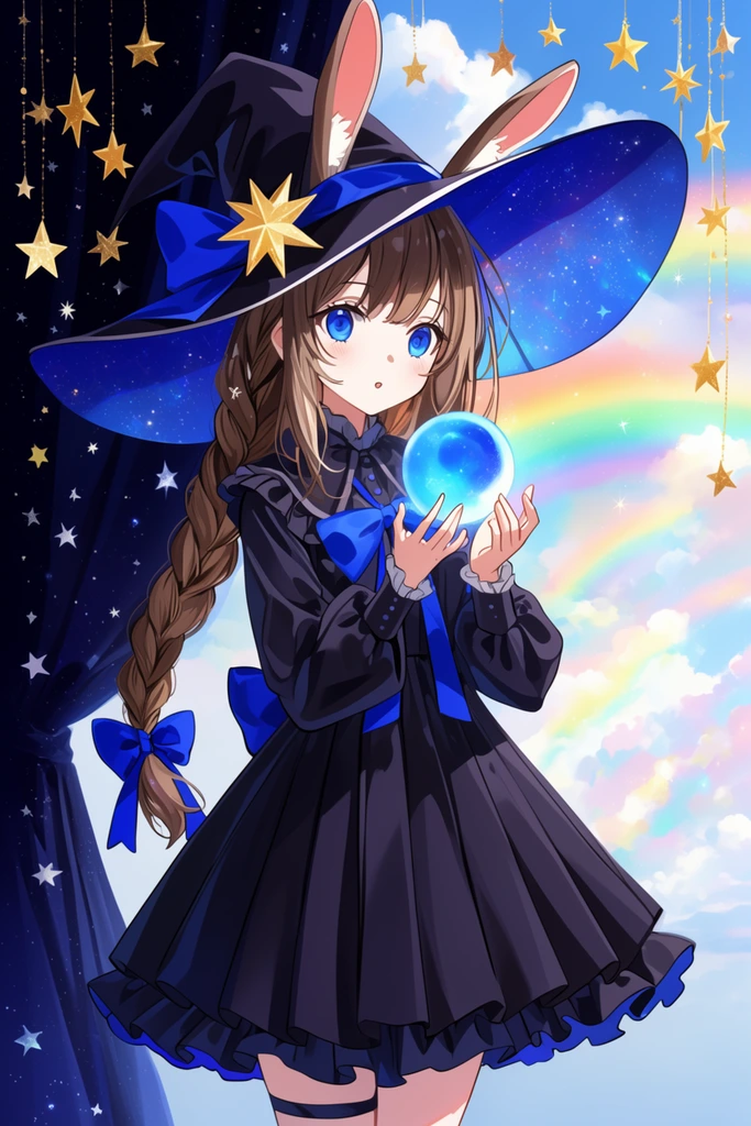 Anime girl with rabbit ears, long brown braid, and an oversized starry witch hat, holding a glowing blue orb. She wears a dark pleated dress accented with blue ribbons. The scene splits between a dark starry night curtain on the left and a bright rainbow-filled sky on the right, framed by hanging golden stars.