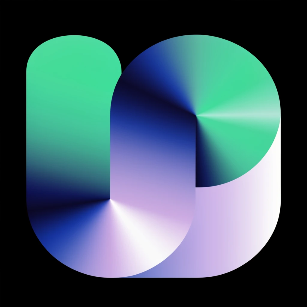 A continuous abstract geometric ribbon folded into a smooth serpentine shape against a stark black background. The design features a vibrant gradient blending neon mint green, deep navy blue, soft lilac, and bright white, creating a metallic, three-dimensional optical illusion of light and volume within a flat minimalist vector graphic.