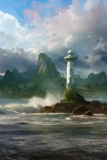 Biophilic Solarpunk Horizon style reference image — misty tropical landscape