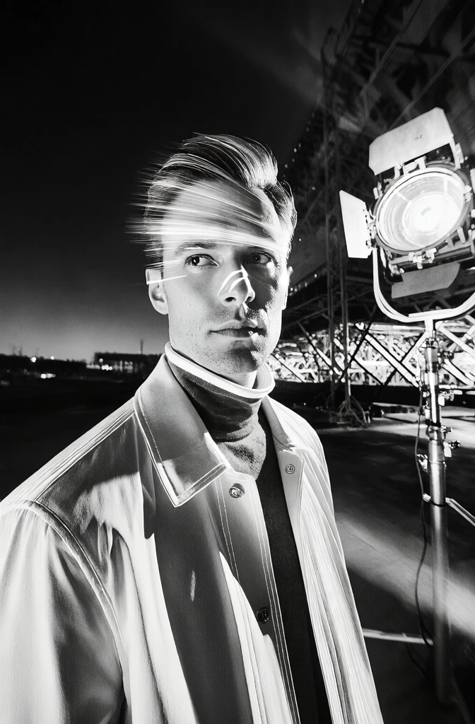 black and white, high-contrast noir, wide-angle perspective, grainy film texture, a man positioned center-left, subtle scratch on his nose, wearing a collared jacket over a turtleneck, background on the right featuring a large film light on a stand and industrial scaffolding, sharp focus on subject, dramatic shadows, leading lines from structural elements, moody urban atmosphere, minimalist composition, professional photography style, monochromatic, bright highlights, deep blacks.