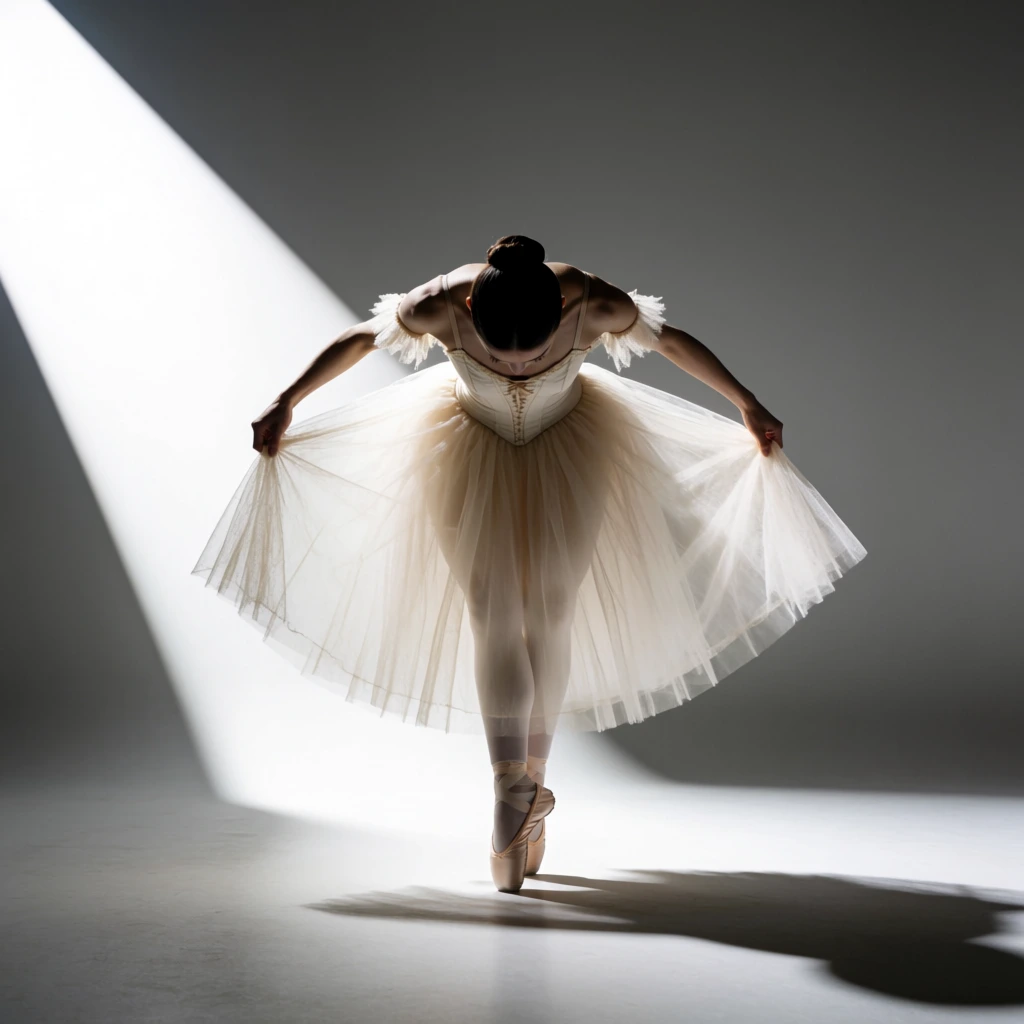 Ballet dancer bowing deeply forward en pointe, pale cream romantic tutu with corseted bodice, dark hair in tight bun, pink satin pointe shoes, arms holding wide tulle skirt, face obscured, minimalist grey studio, stark diagonal light beam from upper left, high contrast dramatic lighting, sharp shadow on smooth floor, fabric motion blur, symmetrical composition