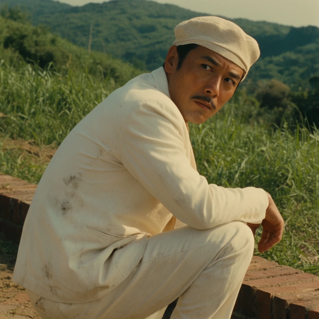 A cinematic film still of a middle-aged Asian man with a thin mustache crouching outdoors on low brickwork. He wears a slightly soiled white suit jacket, matching trousers, and a light woven cap. Twisting his torso, he looks back over his right shoulder with a serious, intense expression. The environment features a lush green hillside with tall grass and distant rolling hills under warm natural daylight. The medium shot composition uses a slightly low angle, emphasizing a vintage 35mm aesthetic with visible film grain and earthy, natural color grading.