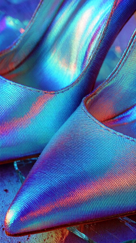 ultra-macro close-up of iridescent high-heeled pumps on a gritty concrete surface with shards of broken glass, electric cyan and deep indigo gradients, shimmering magenta and copper highlights, metallic pearlescent finish with a ribbed microscopic texture, sharp diagonal composition, ethereal lighting catching the crystalline edges of glass, cinematic high-fashion aesthetic, saturated prismatic reflections, textured leather and cement in a fluid linear arrangement