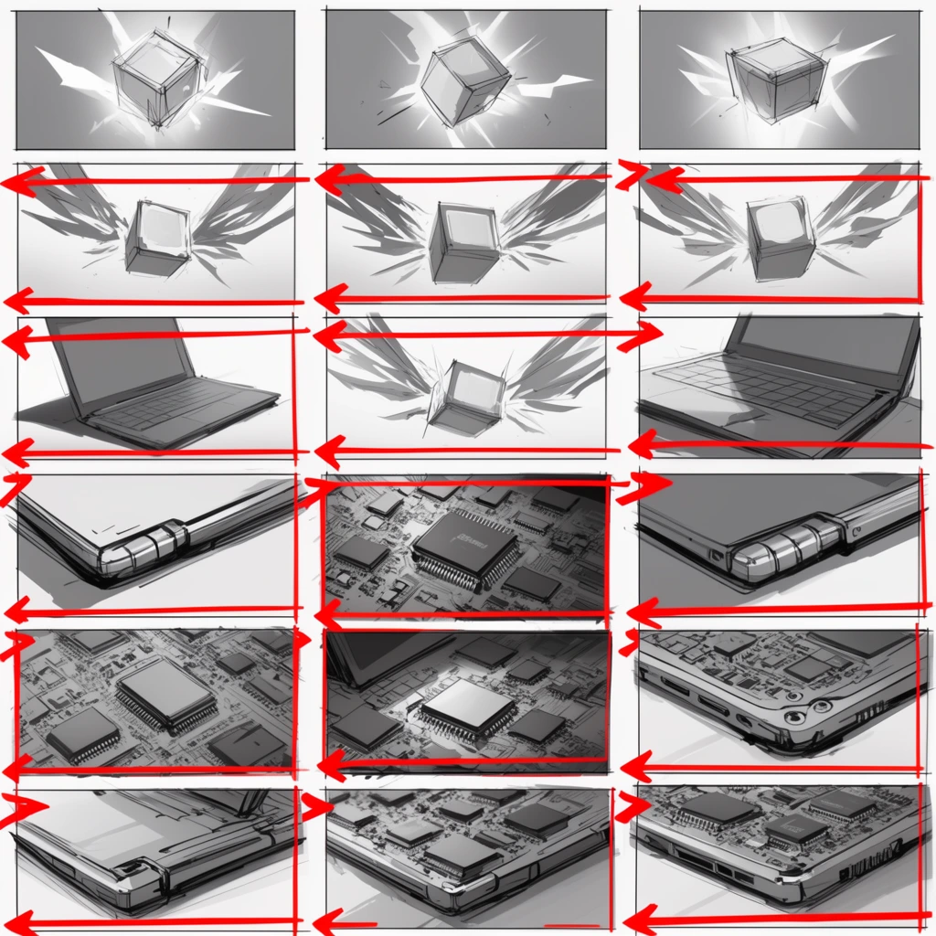 A grid of multiple greyscale storyboard thumbnails accented with bright red directional arrows and framing lines. The technical sketches depict a dynamic sequence transitioning from abstract glowing cubes and stylized wings into detailed close-ups of futuristic laptop circuitry, hinges, and microchips.