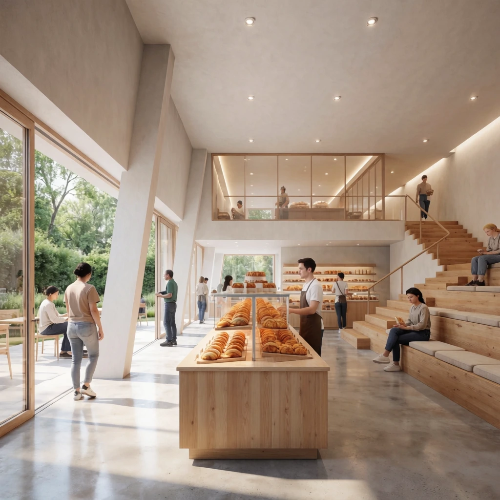 A bright minimalist bakery interior features a light-wood pastry display stand on a polished concrete floor. Customers and an aproned worker populate the airy space, characterized by slanted white pillars, expansive floor-to-ceiling glass doors opening to a sunlit garden patio, and a wide wooden staircase with tiered seating leading to a glass-enclosed mezzanine.